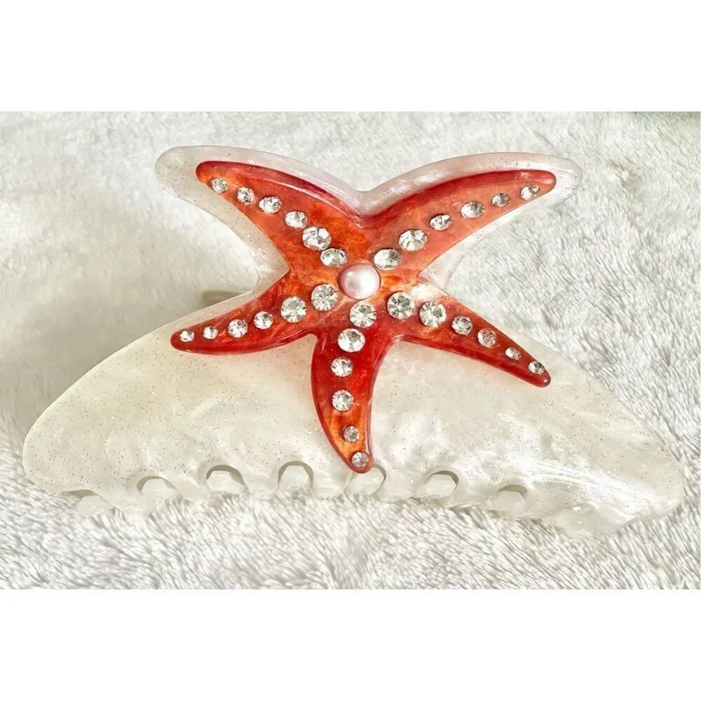 Mermaid orange and white starfish hair claw with rhinestone and pearl embellish